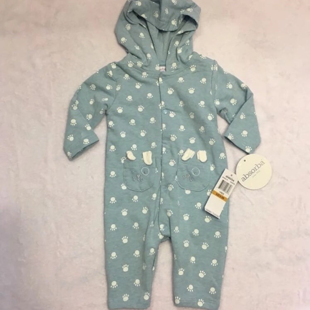 Absorba Hooded Romper Infant 0-3M Blue New Paw Print Snap Front Pockets